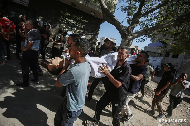 Relatives of Palestinians who lost their lives mourn in Al-Shifa Hospital after an Israeli bombing of a cafe shop on the Gaza City beach, on June 30, 2025. as the was between Israel and the Hamas Islamist militant moveme...
