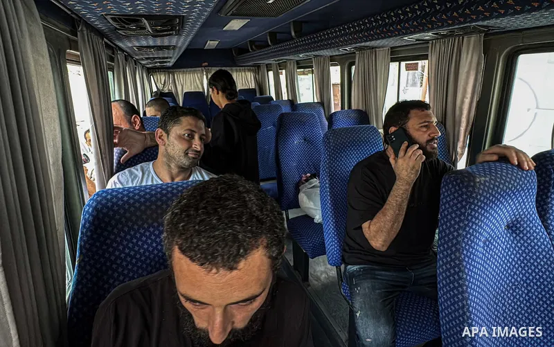 Palestinian prisoners released by the Israeli army are taken to Al-Aqsa Martyrs Hospital for medical examination, the Palestinian prisoners arrested by the Israeli army from Gaza Strip during their ground incursion, Dair...