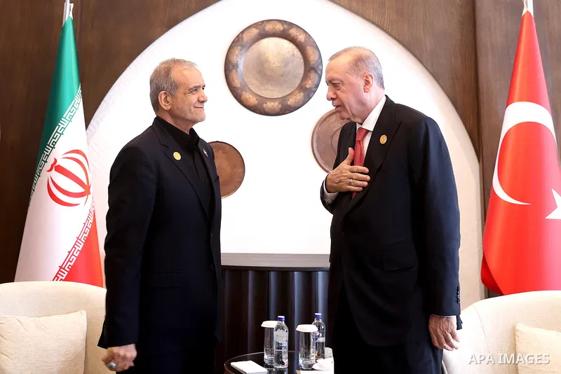 Iranian President Masoud Pezeshkian meets with Turkish President Recep Tayyip Erdoğan on the sidelines of the 17th ECO Summit in Khankandi, Azerbaijan, on July 4, 2025. Photo by Iranian Presidency Office
