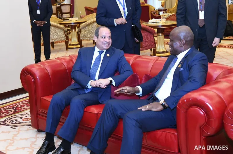 Egyptian President Abdel Fattah el-Sisi meets with Gabonese President Brice Oligui Nguema on the sidelines of the seventh session of the African Union Mid-Year Coordination Summit in Guinea on July 13, 2025. Photo by Egy...