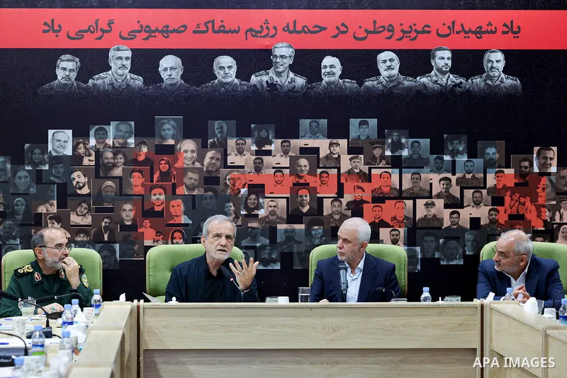 Iranian President, Masoud Pezeshkian, meets with officials from the Martyrs and Veterans Foundation, in Tehran, Iran, on July 19, 2025. Photo by Iranian Presidency Office