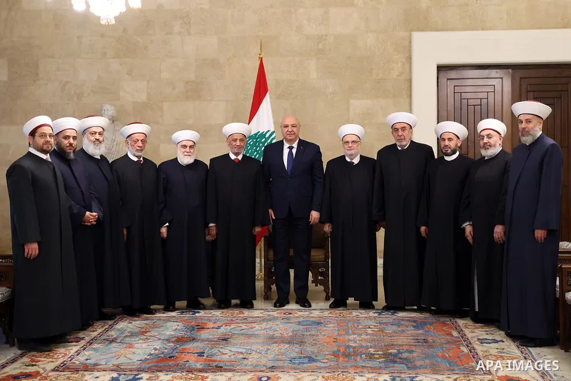 Lebanese President Joseph Aoun meets with the Grand Mufti of the Republic, Sheikh Abdel Latif Derian, at the head of a delegation of muftis from Lebanese regions, in Beirut, Lebanon, on July 24, 2025. Photo by Lebanese P...