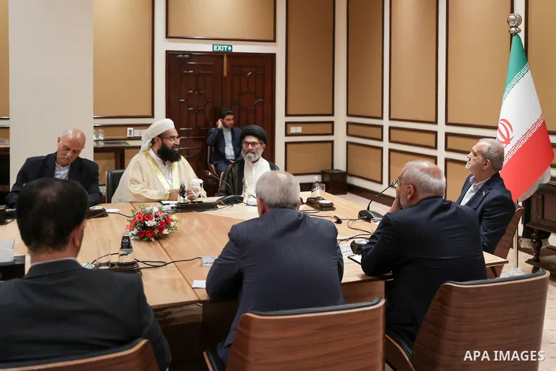 Iranian President Masoud Pezeshkian meets with Sunni and Shia scholars in Pakistan in Islamabad, Pakistan, on August 3, 2025. Photo by Iranian Presidency Office