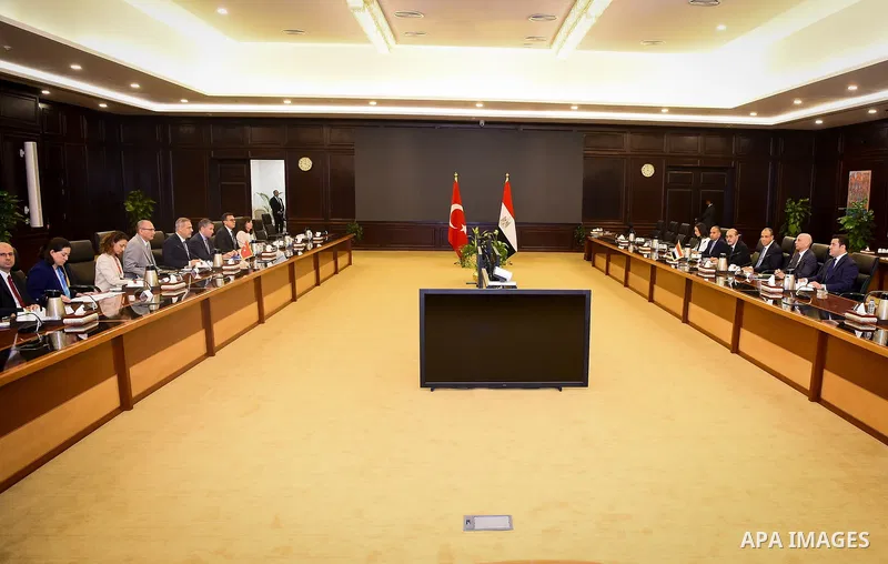 Egyptian Minister of Foreign Affairs and Immigration, Badr Abdel Ati, receives Turkish Foreign Minister, Hakan Fidan, in Cairo, Egypt, August 9, 2025. Photo by Egyptian Ministry of Foreign Affairs Office\ apaimages