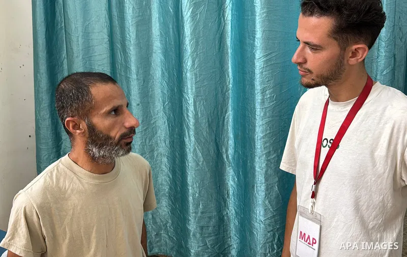 Palestinian prisoners released by the Israeli army are taken to Al-Aqsa Martyrs Hospital for medical examination, the Palestinian prisoners arrested by the Israeli army from Gaza Strip during their ground incursion, Dair...