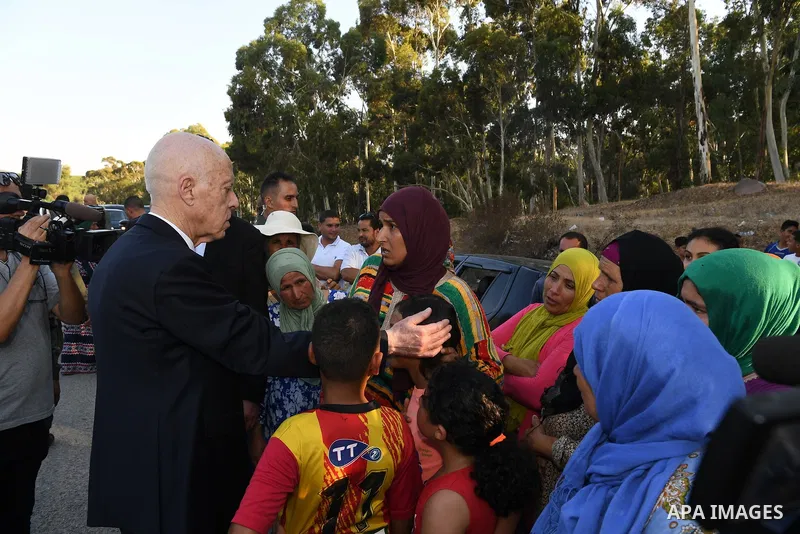 Tunisian President Kais Saied meets with a number of women and girls, on the occasion of the celebration of International Women's Day and the 69th anniversary of the Personal Status Code, in Bizerte, Tunisia, August 14,...