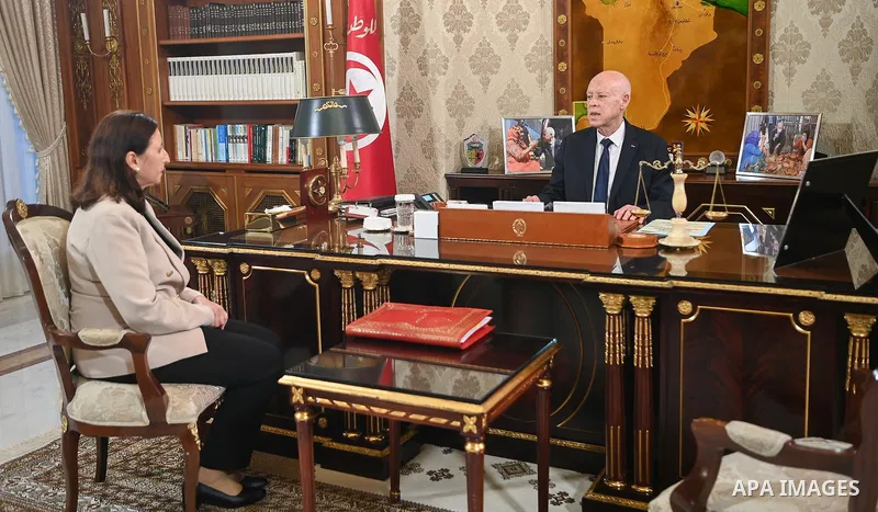 Tunisian President Kais Saied receives Tunisian Prime Minister Sarah Zaafrani Zenzri in Tunis, Tunisia, on August 15, 2025. Photo by Tunisian Presidency\ apaimages
