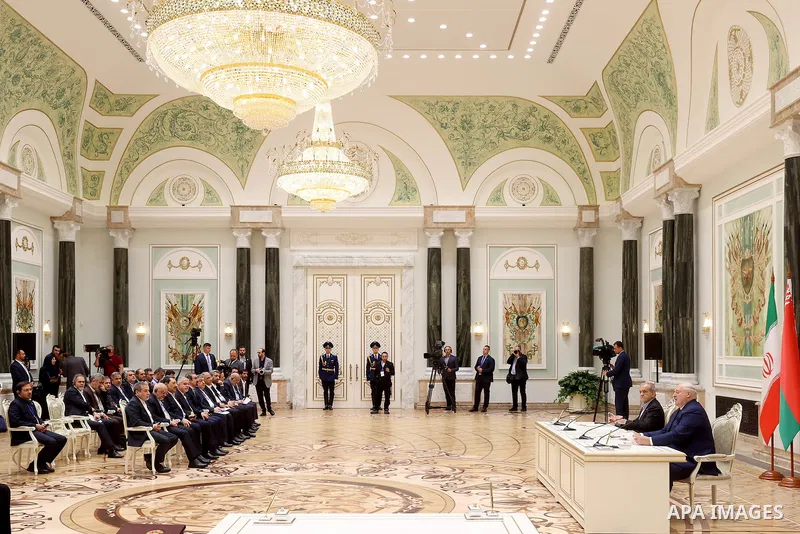Iranian President Masoud Peskov attends the signing of a joint statement and cooperation documents between Iran and Belarus, in Minsk, Belarus, on August 20, 2025. Photo by Iranian Presidency Office