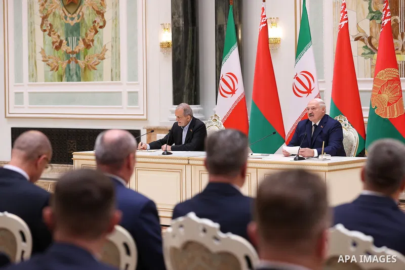 Iranian President Masoud Peskov attends the signing of a joint statement and cooperation documents between Iran and Belarus, in Minsk, Belarus, on August 20, 2025. Photo by Iranian Presidency Office