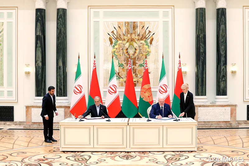 Iranian President Masoud Peskov attends the signing of a joint statement and cooperation documents between Iran and Belarus, in Minsk, Belarus, on August 20, 2025. Photo by Iranian Presidency Office