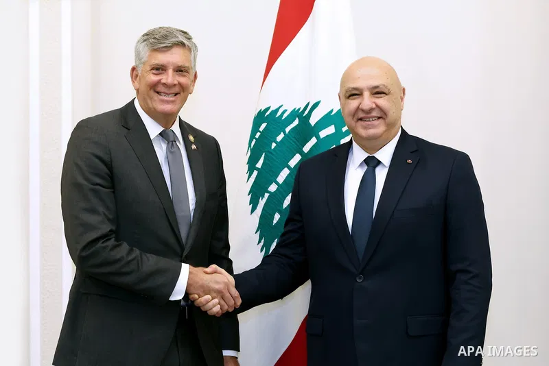 Lebanese President, Joseph Aoun, receives US Congressman Darin Lahoud to discuss the importance of renewing UNIFIL's mandate in the south, Beirut, Lebanon, on August 23, 2025. Photo by Lebanese Presidency Office\ apaimag...