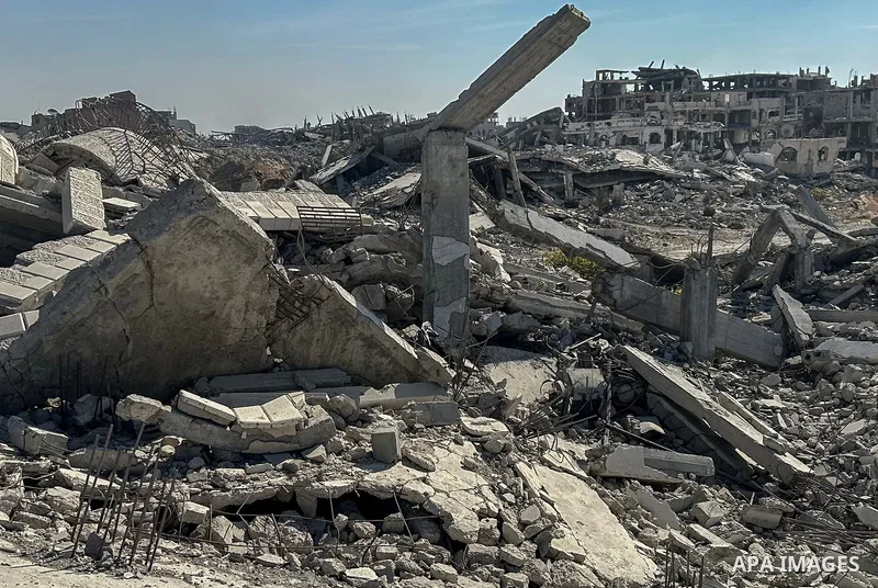 A view of damaged military vehicles used by the Israeli army during the attacks, after Israeli forces withdrew from Gaza following the ceasefire between Israel and Hamas, in Gaza City, Gaza on October 30, 2025. Photo by...