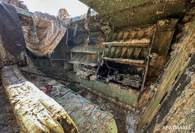 A view of damaged military vehicles used by the Israeli army during the attacks, after Israeli forces withdrew from Gaza following the ceasefire between Israel and Hamas, in Gaza City, Gaza on October 30, 2025. Photo by...