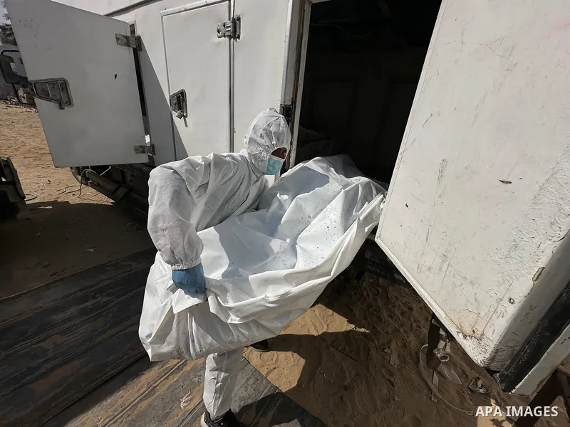 Red Cross teams deliver the bodies of 30 Palestinians, who were detained by Israeli forces from different parts of Gaza during the war and handed over as part of the ceasefire deal, to Nasser Hospital in Khan Yunis, Gaza...