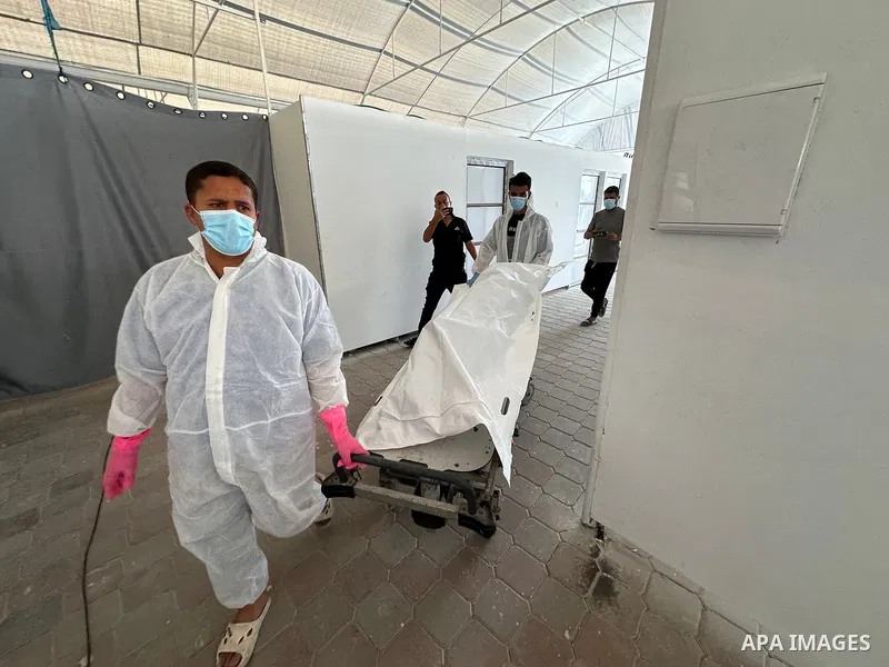 Red Cross teams deliver the bodies of 30 Palestinians, who were detained by Israeli forces from different parts of Gaza during the war and handed over as part of the ceasefire deal, to Nasser Hospital in Khan Yunis, Gaza...