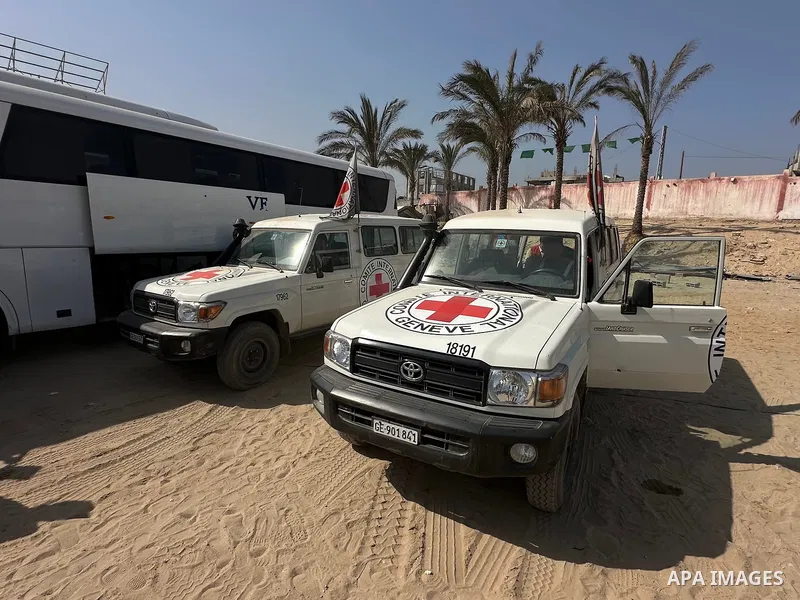 Red Cross teams deliver the bodies of 30 Palestinians, who were detained by Israeli forces from different parts of Gaza during the war and handed over as part of the ceasefire deal, to Nasser Hospital in Khan Yunis, Gaza...