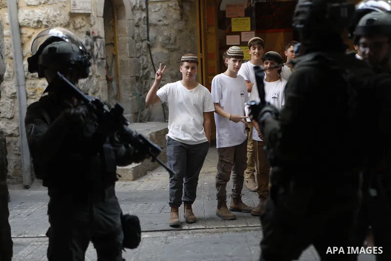 Israeli forces takes extensive security measures as Jewish settlers under Israeli military protection carried out a raid in the city of Hebron, West Bank on Nov 1 , 2025. Photo by Mamoun Wazwaz