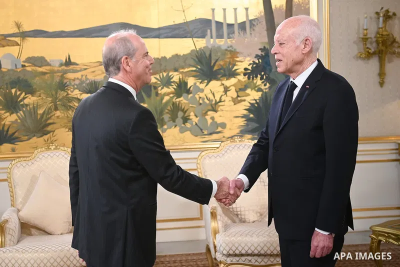 Tunisian President Kais Saied receives the Portuguese Ambassador to Tunisia, Nuno Bello, during a farewell visit at the Carthage Palace in Tunis, on the occasion of the end of his diplomatic mission. January 23, 2026. Ph...