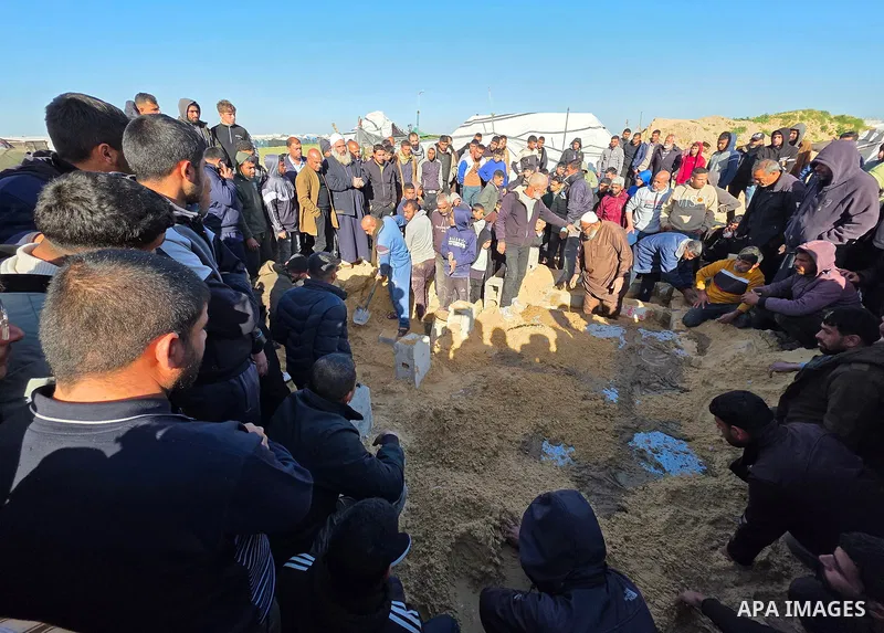 Palestinians mourn death of their loved ones after Israeli forces targeted a tent sheltering displaced civilians with a drone in the Esda area of Khan Yunis in the southern Gaza Strip on January 31, 2026. According to re...