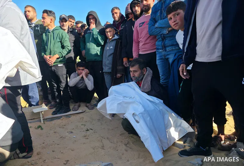 Palestinians mourn death of their loved ones after Israeli forces targeted a tent sheltering displaced civilians with a drone in the Esda area of Khan Yunis in the southern Gaza Strip on January 31, 2026. According to re...