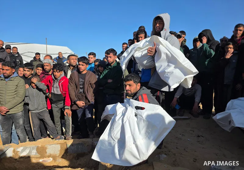 Palestinians mourn death of their loved ones after Israeli forces targeted a tent sheltering displaced civilians with a drone in the Esda area of Khan Yunis in the southern Gaza Strip on January 31, 2026. According to re...