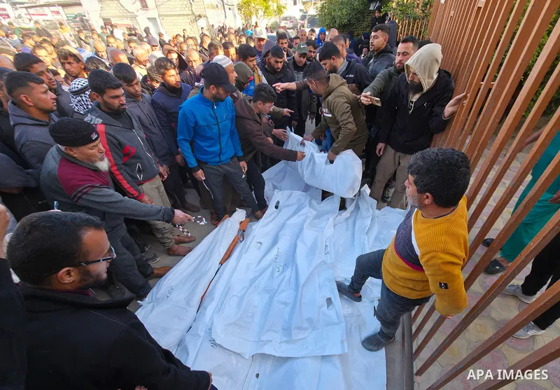 Palestinians mourn death of their loved ones after Israeli forces targeted a tent sheltering displaced civilians with a drone in the Esda area of Khan Yunis in the southern Gaza Strip on January 31, 2026. According to re...