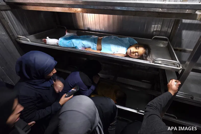 Palestinians mourn death of their loved ones after Israeli forces targeted a tent sheltering displaced civilians with a drone in the Esda area of Khan Yunis in the southern Gaza Strip on January 31, 2026. According to re...