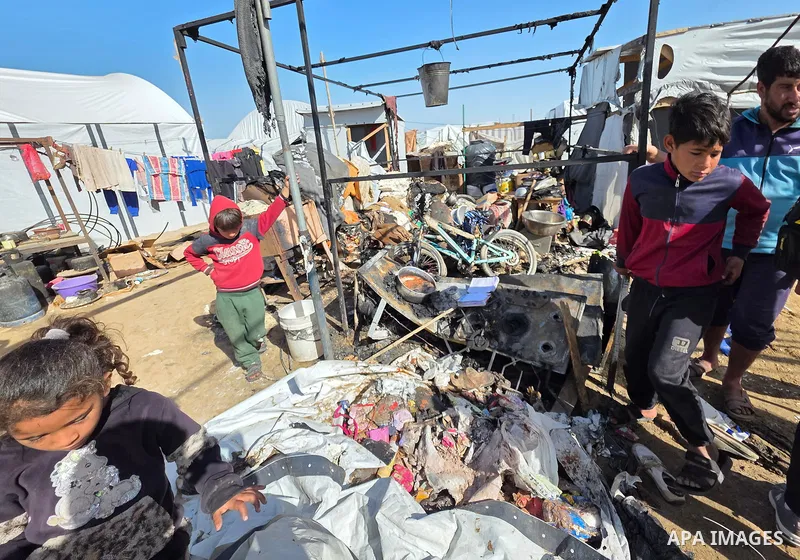 Palestinians inspect the site of an Israeli strike on tents on Saturday, in Khan Younis, in the southern Gaza Strip, January 31, 2026. Photo by Tariq Mohammad\ APA Images