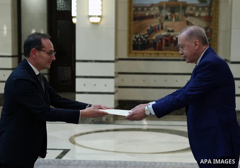 Turkish President Recep Tayyip Erdoğan received Giuseppe Manzo, the new Italian ambassador to Turkey, at the Presidential Complex in Ankara, and accepted a copy of his credentials. Ankara, Turkey, February 10, 2026. Phot...