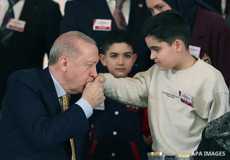 Turkish President Recep Tayyip Erdoğan and his wife Emine Erdoğan hosted an Iftar dinner for the families of martyrs at Çankaya Palace in Ankara, where Erdoğan delivered a speech on the occasion. Ankara, Turkey, February...