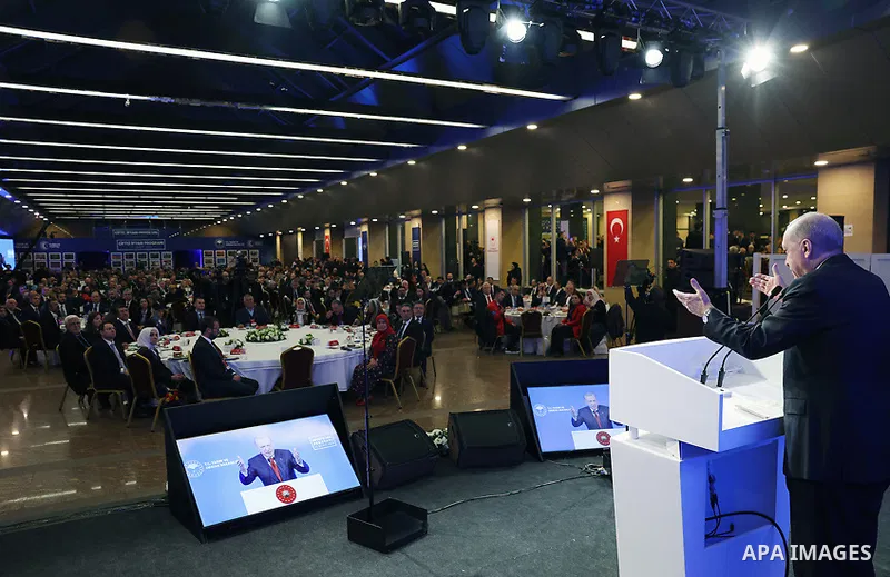 Turkish President Recep Tayyip Erdoğan participated in a Ramadan iftar program with farmers at an event held at the Haliç Congress Center in Istanbul, Türkiye. February 21, 2026. Photo by Turkish presidency \ apaimages