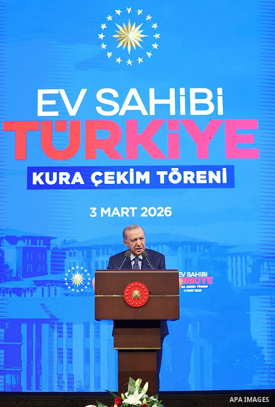 Turkish President Recep Tayyip Erdoğan attends the lottery ceremony for a social housing project in Ankara, Turkey, March 3, 2026. Photo by Turkish presidency \ apaimages