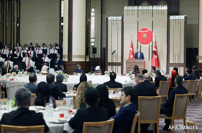 Turkish President Recep Tayyip Erdoğan participates in an Iftar (Ramadan breakfast) with members of educational institutions during an event held at the Beştepe Exhibition Center in Ankara, Turkey, on March 18, 2026. Pho...