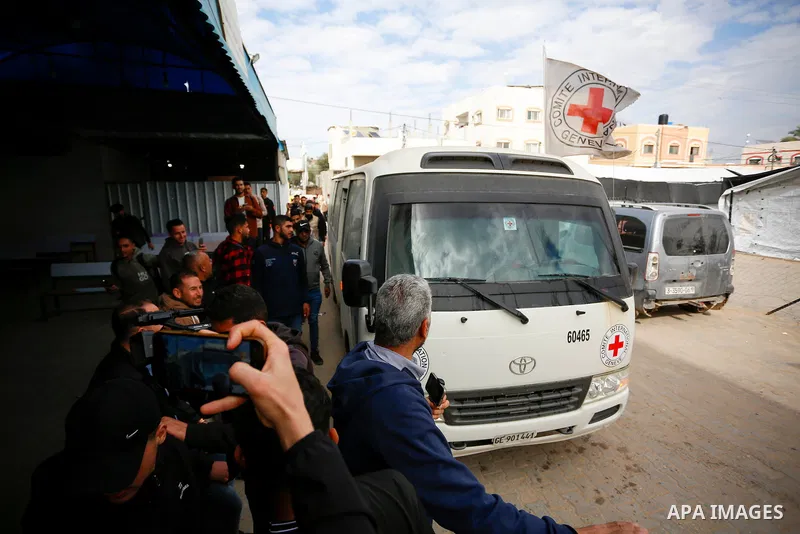 Eleven Palestinian prisoners released from Israeli prisons arrived at Al-Aqsa Martyrs Hospital in Deir al-Balah, in the central Gaza Strip, on March 23, 2026, in vehicles belonging to the International Committee of the R...
