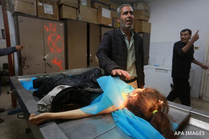 Palestinians bid farewell to the body of 13-year-old Ritah Abdel Raouf Rehan at al-Shifa Hospital in Gaza City. She was killed by Israeli army fire that targeted tents of displaced people in the Beit Lahia area of ​​nort...