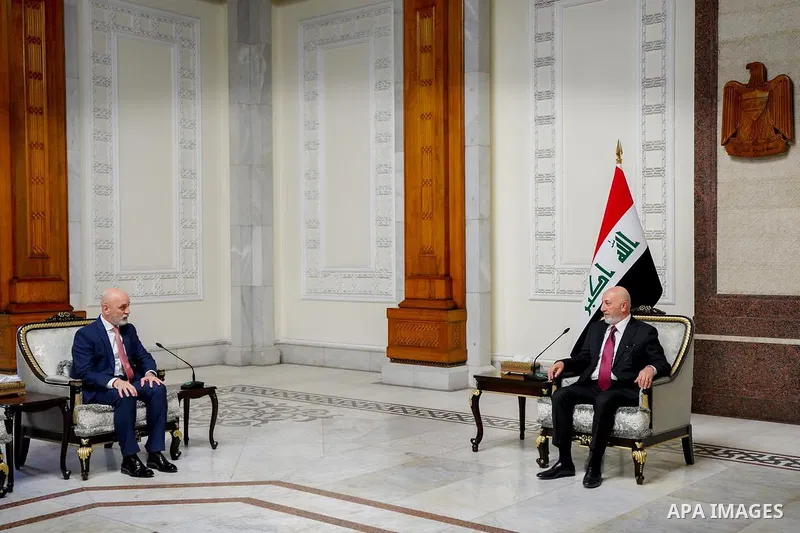 Iraqi President Nizar Amidi receives Environment Minister Helw al-Askari and his accompanying delegation at Baghdad Palace, Iraq, April 15, 2026. Photo by Iraqi Presidency Office\ apaimages
