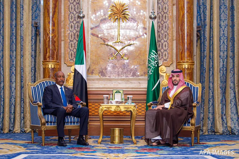 Saudi Crown Prince Mohammed bin Salman meets with Sudanese Transitional Sovereign Council Chairman Lieutenant General Abdel Fattah al-Burhan in Jeddah, Saudi Arabia. April 20, 2026. Photo by Saudi Press Agency\ apaimages