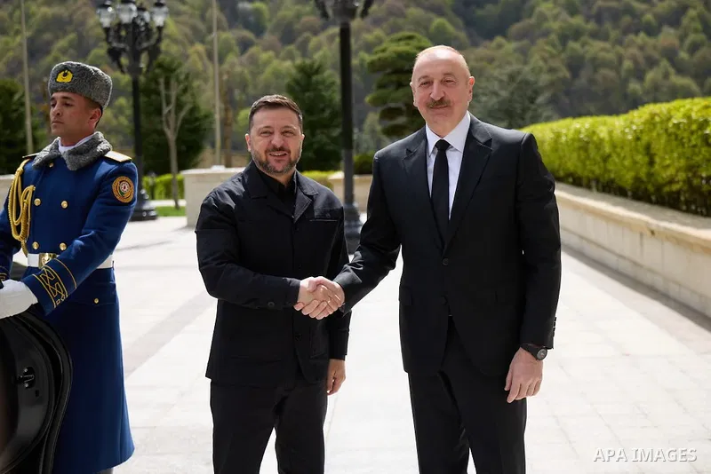 Ukrainian President Volodymyr Zelenskyy meets with his Azerbaijani counterpart, Ilham Aliyev, during a working visit to Azerbaijan, where they discussed cooperation in the fields of security and energy and signed bilater...