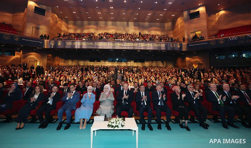Turkish President Recep Tayyip Erdoğan participated in a program introducing the Ten-Year Vision for Family and Population (2026–2035) at the Gulf Conference Center in Istanbul, Turkey, on May 2, 2026. Photo by Turkish p...
