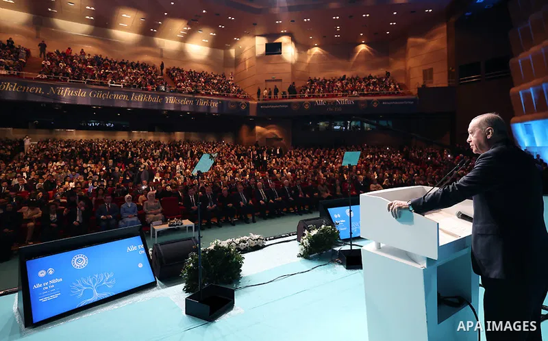 Turkish President Recep Tayyip Erdoğan participated in a program introducing the Ten-Year Vision for Family and Population (2026–2035) at the Gulf Conference Center in Istanbul, Turkey, on May 2, 2026. Photo by Turkish p...