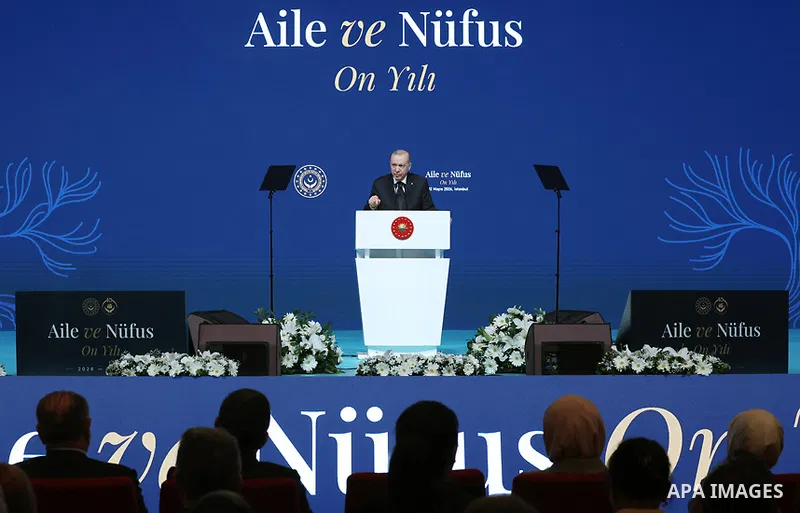 Turkish President Recep Tayyip Erdoğan participated in a program introducing the Ten-Year Vision for Family and Population (2026–2035) at the Gulf Conference Center in Istanbul, Turkey, on May 2, 2026. Photo by Turkish p...