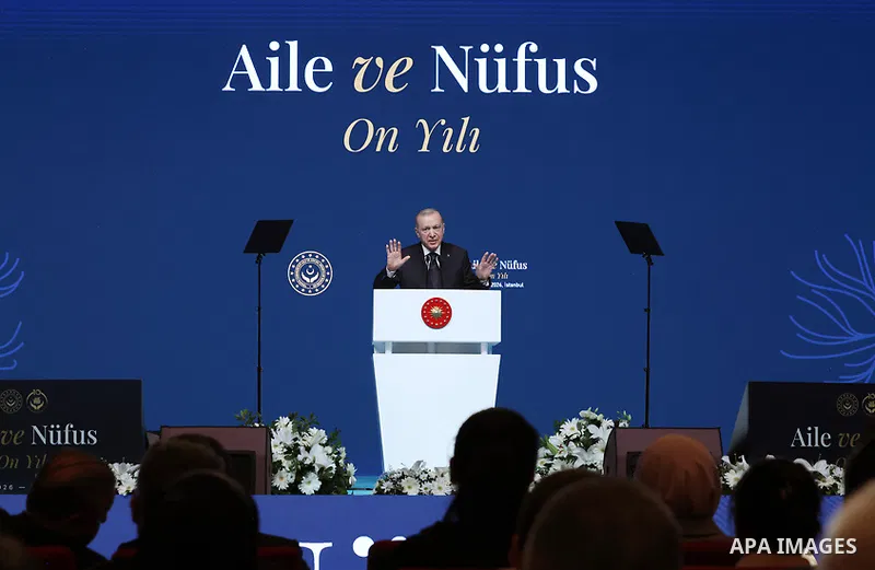 Turkish President Recep Tayyip Erdoğan participated in a program introducing the Ten-Year Vision for Family and Population (2026–2035) at the Gulf Conference Center in Istanbul, Turkey, on May 2, 2026. Photo by Turkish p...