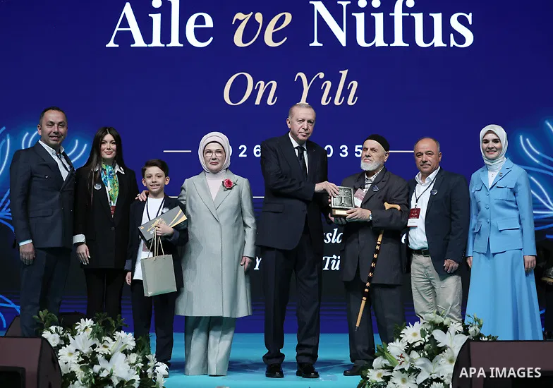 Turkish President Recep Tayyip Erdoğan participated in a program introducing the Ten-Year Vision for Family and Population (2026–2035) at the Gulf Conference Center in Istanbul, Turkey, on May 2, 2026. Photo by Turkish p...