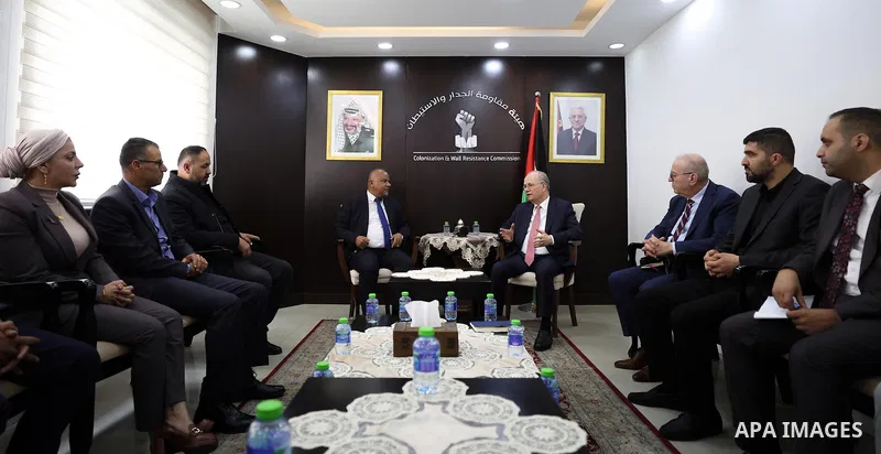 Palestinian Prime Minister Mohammed Mustafa meets with Moayad Shaaban, head of the Wall and Settlement Resistance Commission, at the commission’s headquarters in Ramallah, in the West Bank, on May 4, 2026. Mustafa affirm...