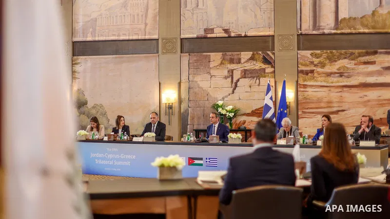 King Abdullah II of Jordan hosted Cypriot President Nikos Christodoulides and Greek Prime Minister Kyriakos Mitsotakis during a trilateral summit at Al-Husseiniya Palace in Amman, Jordan, May 6, 2026. Crown Prince Hussei...
