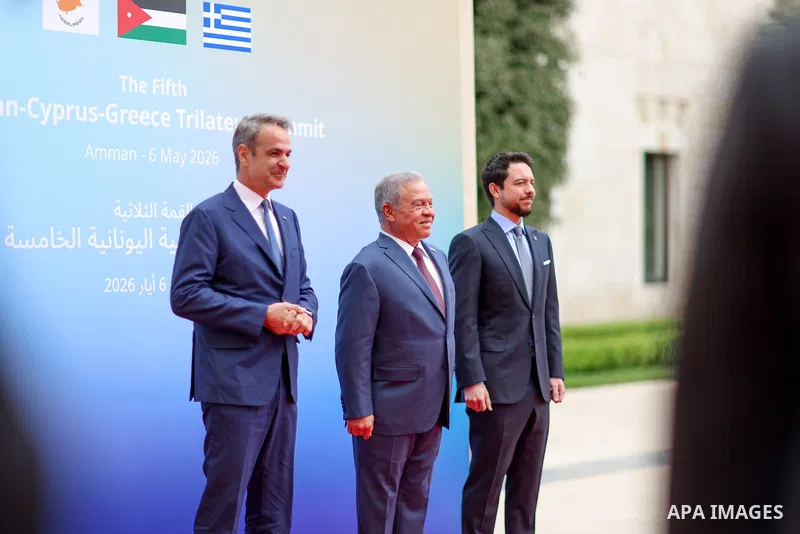 King Abdullah II of Jordan hosted Cypriot President Nikos Christodoulides and Greek Prime Minister Kyriakos Mitsotakis during a trilateral summit at Al-Husseiniya Palace in Amman, Jordan, May 6, 2026. Crown Prince Hussei...