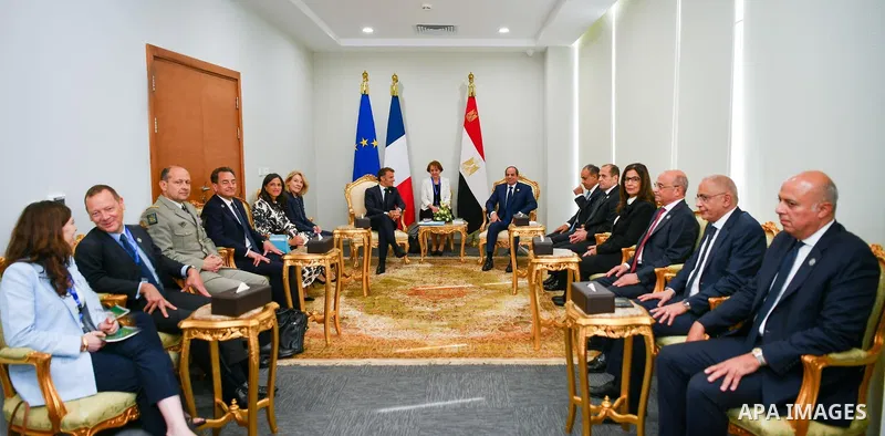 Egyptian President Abdel Fattah al-Sisi receives French President Emmanuel Macron in New Borg El Arab City, Egypt, on May 08, 2026, during a ceremony marking the inauguration of the new headquarters of Senghor University...