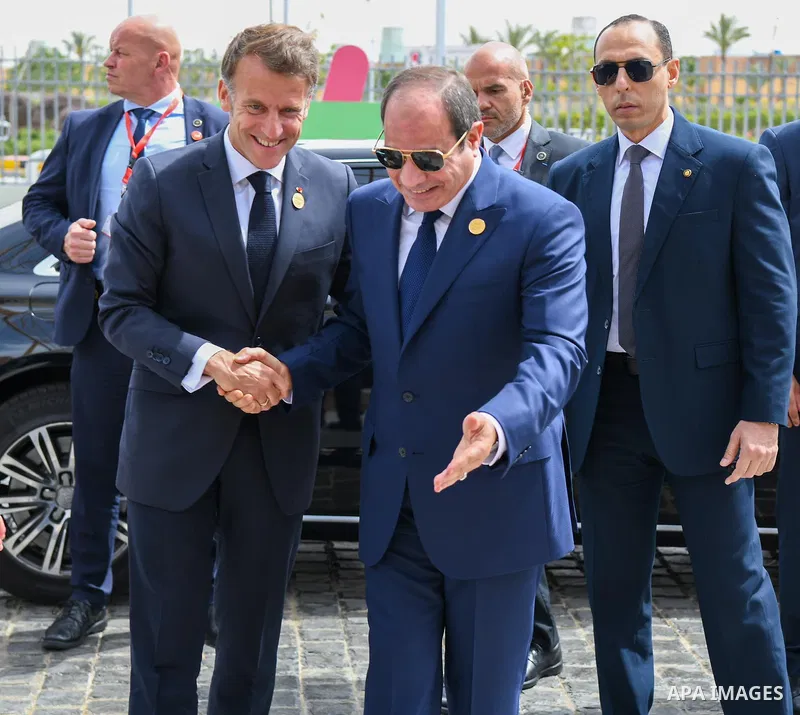 Egyptian President Abdel Fattah al-Sisi receives French President Emmanuel Macron in New Borg El Arab City, Egypt, on May 08, 2026, during a ceremony marking the inauguration of the new headquarters of Senghor University...