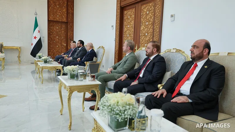 Syrian President Ahmed al-Sharaa receives an Emirati delegation headed by Thani al-Zeyoudi, in the presence of officials from both countries, including Noura al-Kaabi and Omar al-Darai, at the People's Palace in Damascus...