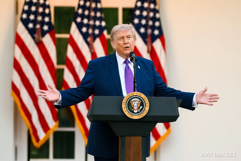 United States President Donald J Trump makes remarks as he hosts a group of law enforcement leaders for a dinner to celebrate the start of National Police Week, in the Rose Garden of the White House in Washington, DC, US...